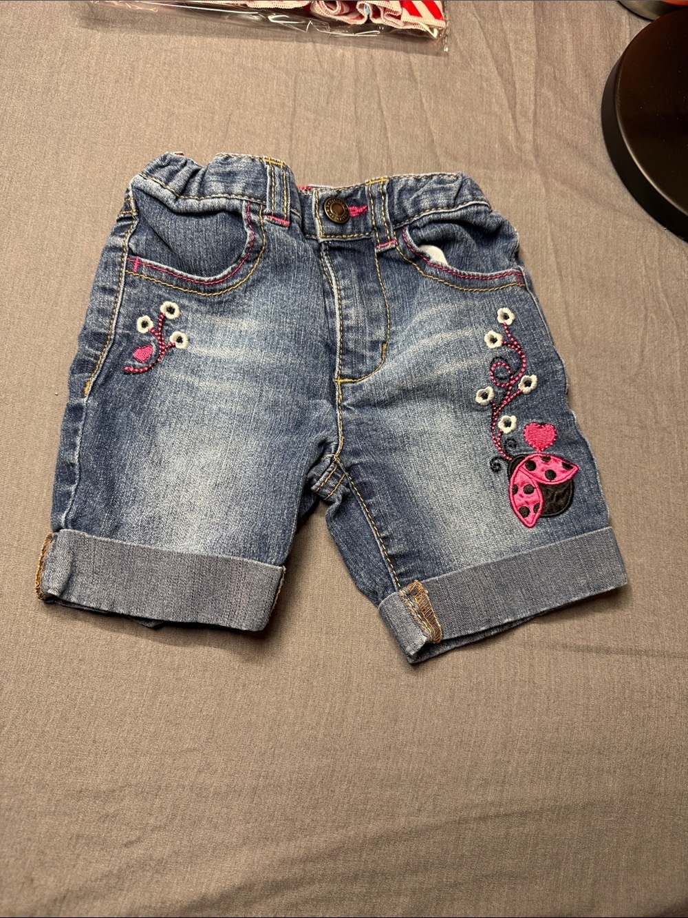 healthtex Blue Denim Shorts with Pink Ladybug Embroidery
